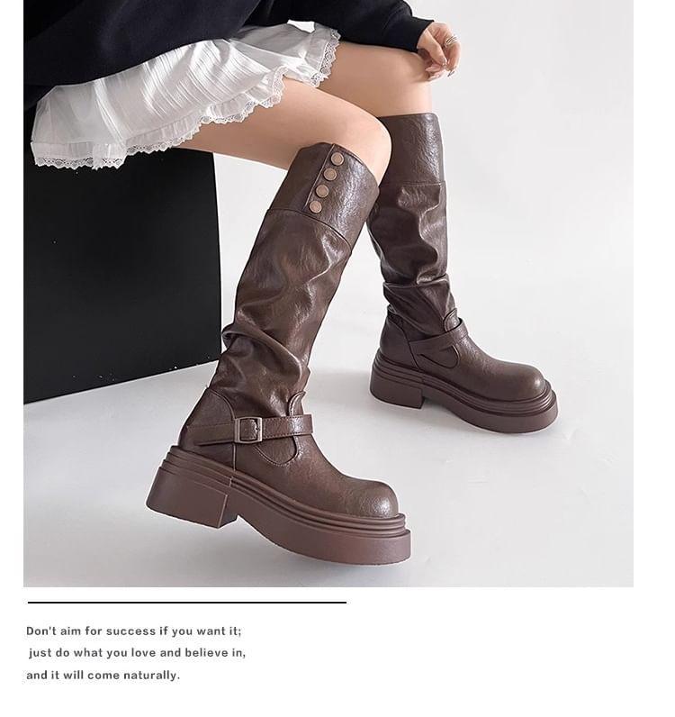 Platform Buckled Button Knee High Boots Product Image