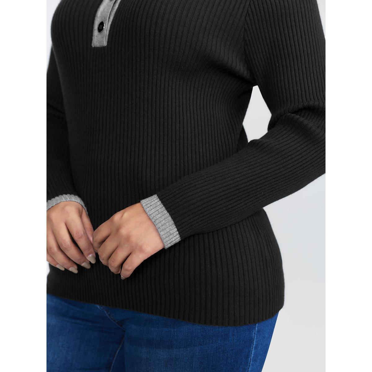 Plus Size Polo Neck Contrast Metal Buttons Pullover Black Women Leisure Bodycon Long Sleeve Polo Casual Pullovers BloomChic 22-24/3X Product Image