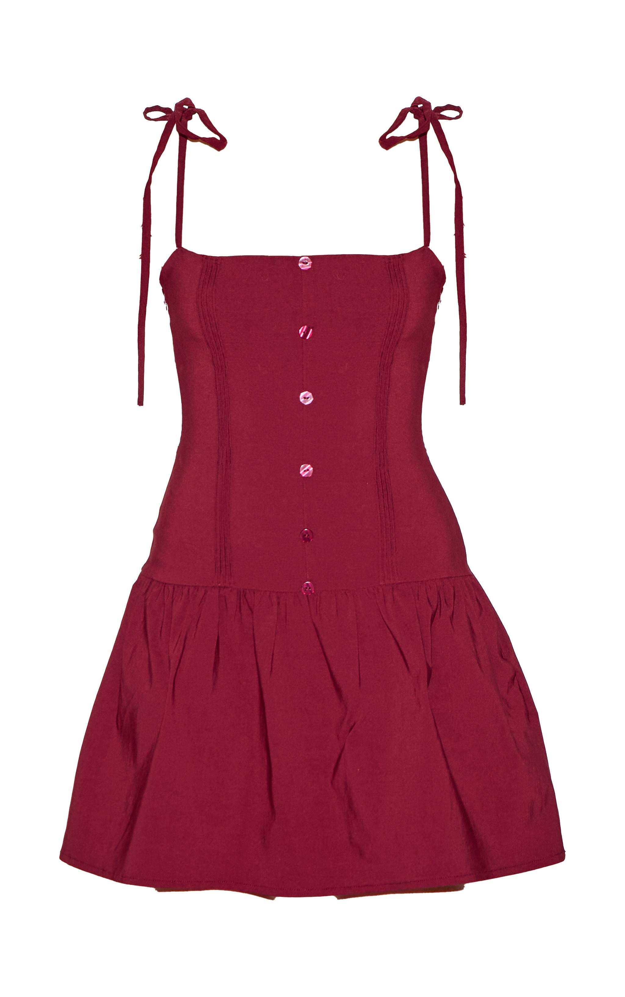 Burgundy Stretch Woven Button Down Pleated Mini Dress Product Image