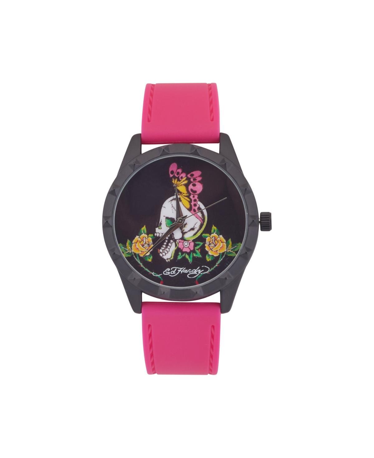 Ed Hardy Womens Skull & Butterfly Dial Fuchsia Silicone Strap Watch Pink Product Image