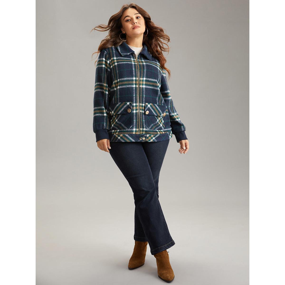 Plus Size Plaid Button Detail Pocket Zipper Jacket Women Multicolor Zipper Pocket Dailywear Jackets BloomChic 12/L Product Image