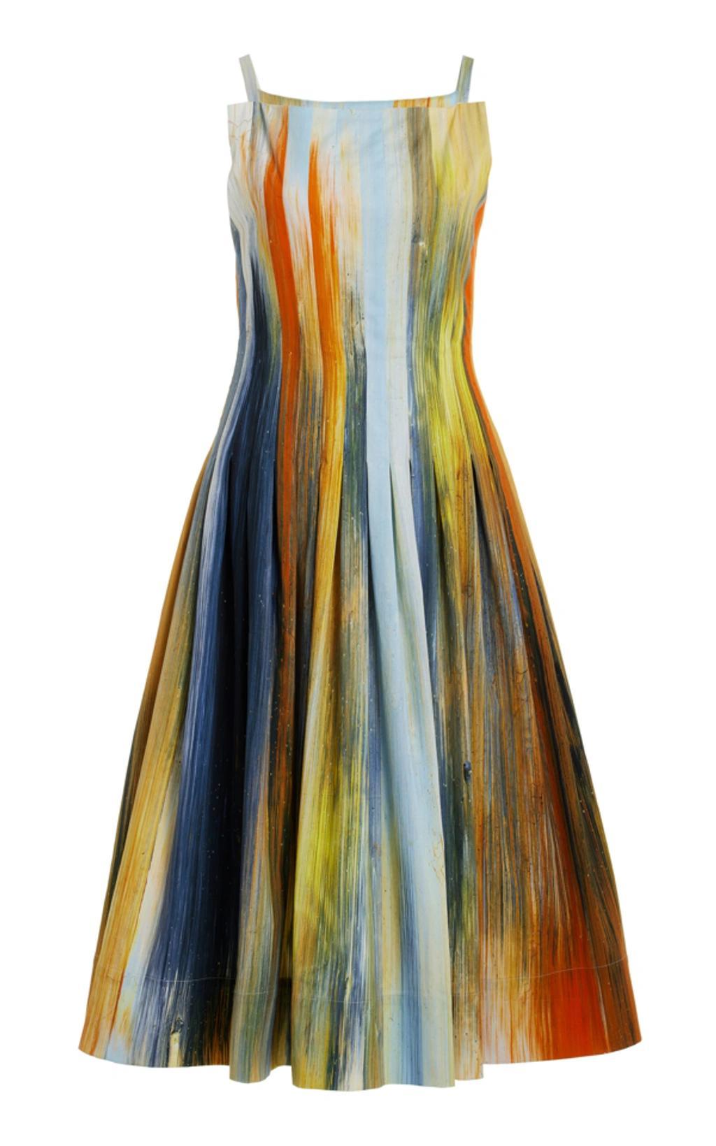 OSCAR DE LA RENTA Abstract Cotton Raso Pleated Dress In Calendula Multi Product Image