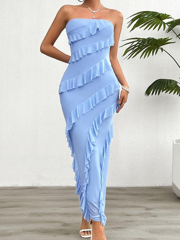 Bodycon High Waisted Ruffle Trim Solid Color Split-Back Split-Joint Tube Maxi Dresses Product Image