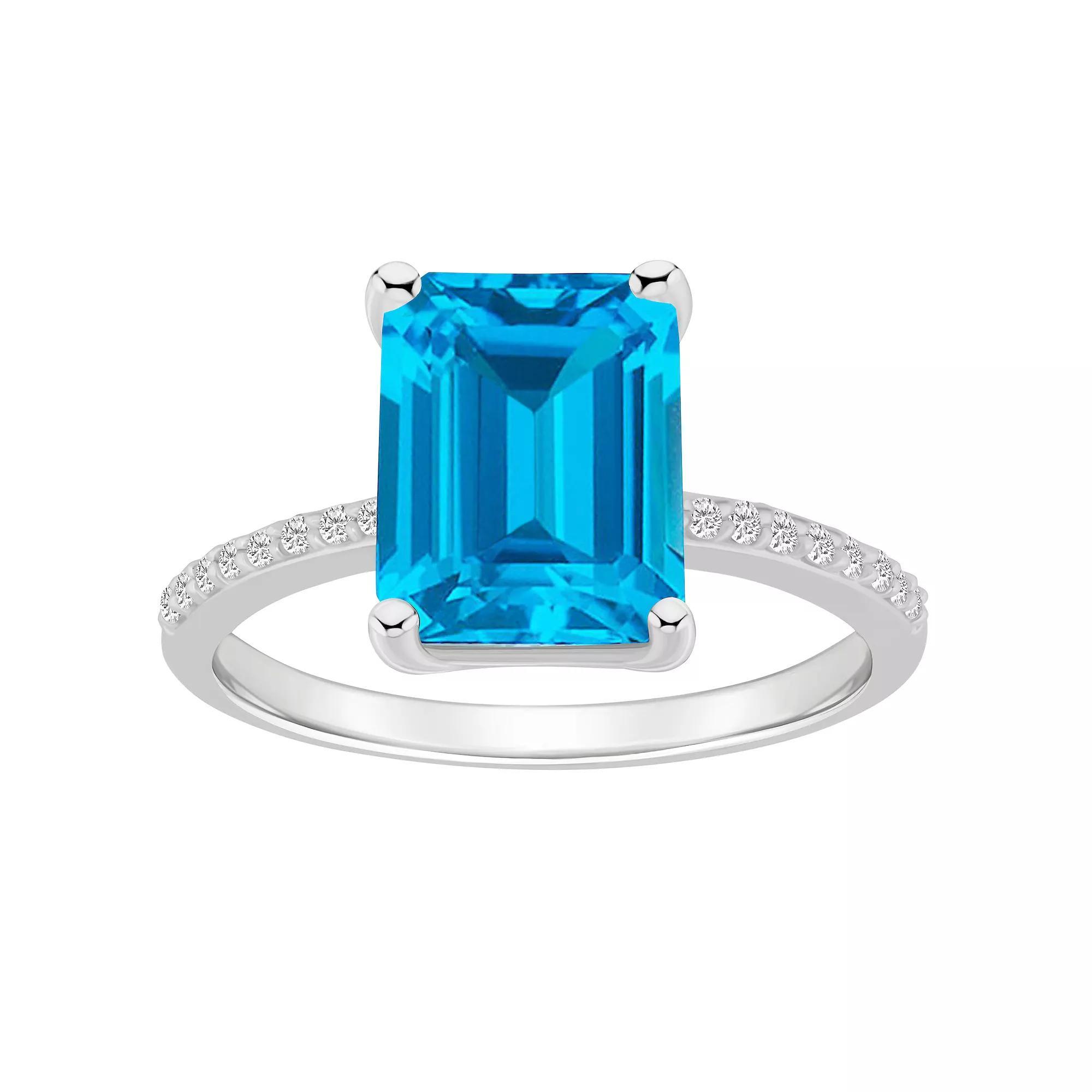 Alyson Layne 14k White Gold Emerald Cut Gemstone 1/10 Carat T.W. Diamond Ring, Women's, Blue Topaz Product Image