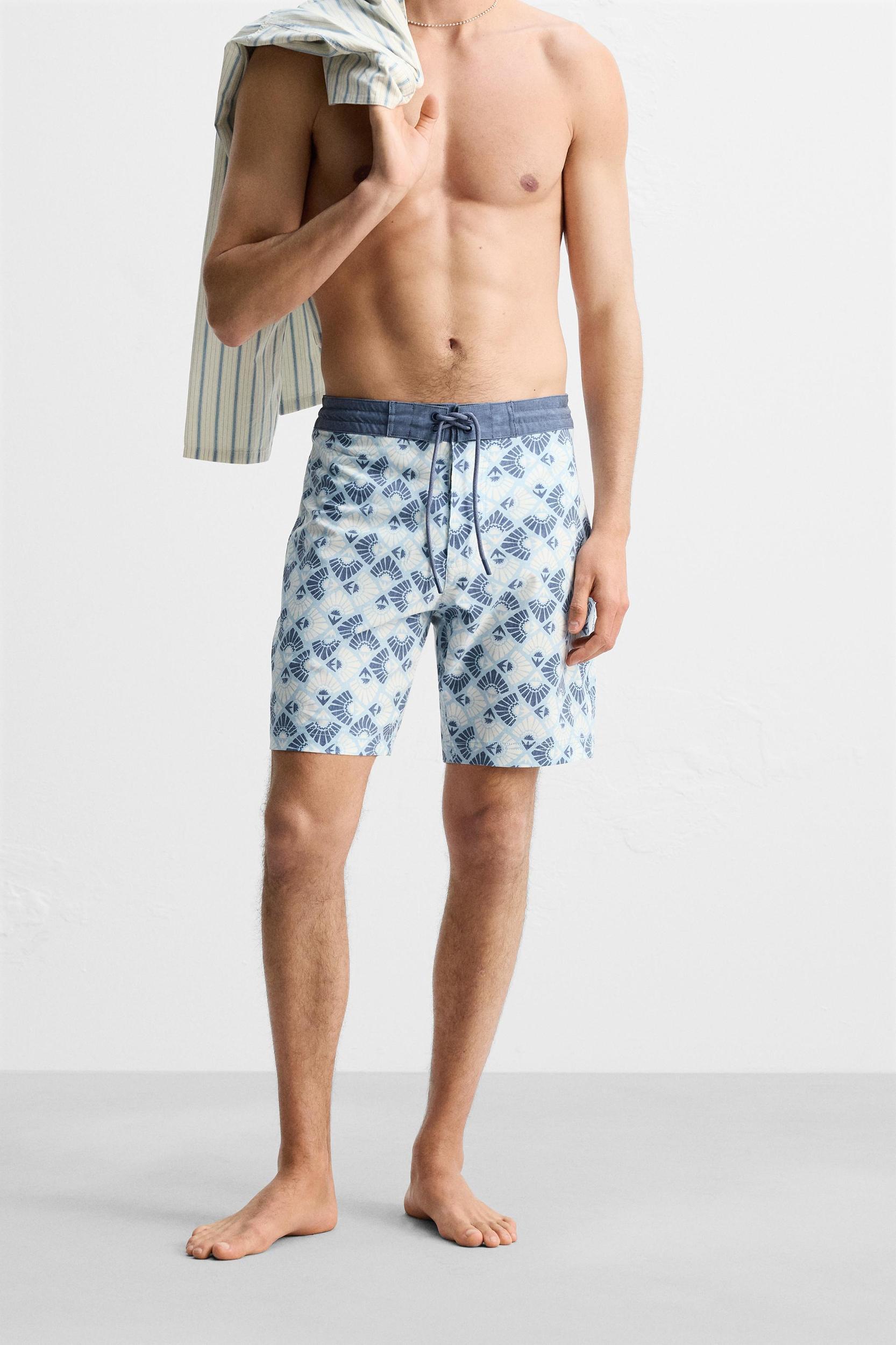 GEOMETRIC PRINT LONGLINE SWIMMING TRUNKS Product Image