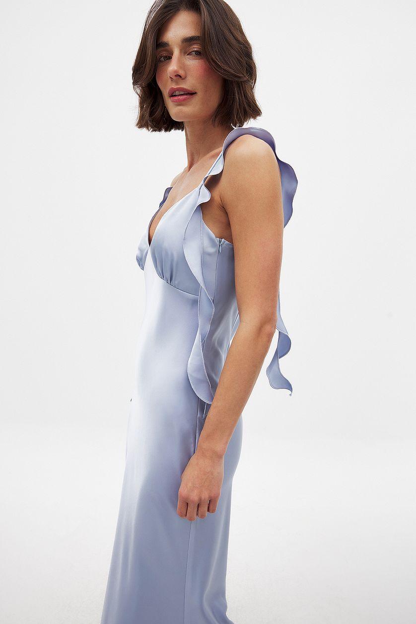 Satin Ruffle Shoulder Midi Dress Product Image