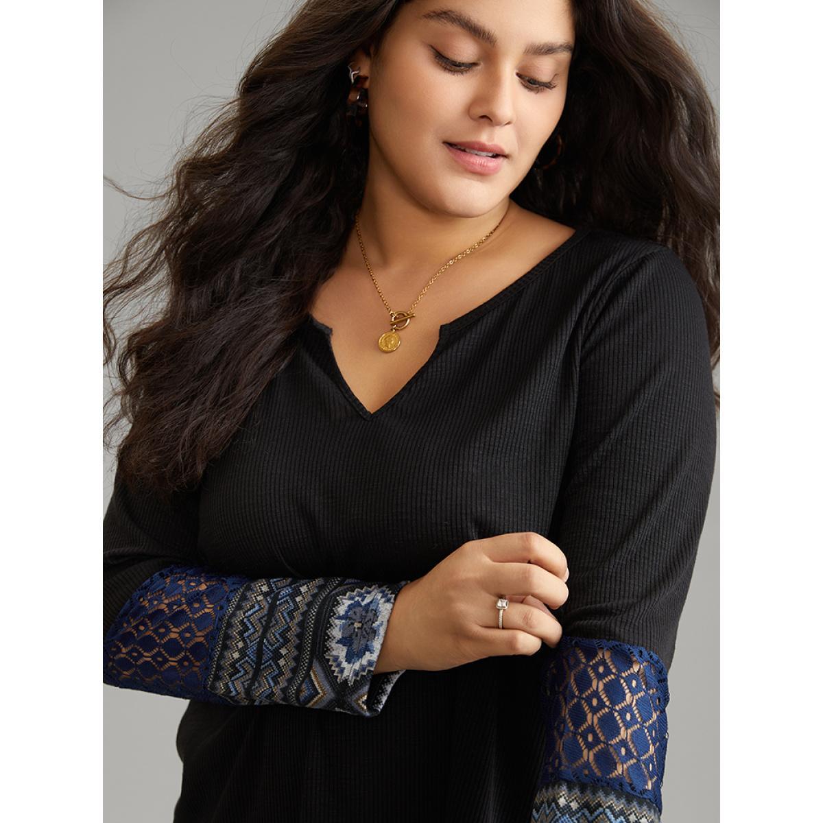 Plus Size Boho Print Texture Notched Patchwork Lace T-shirt Black Women Casual Texture Bohemian Print Notched collar Dailywear T-shirts BloomChic 10/M Product Image