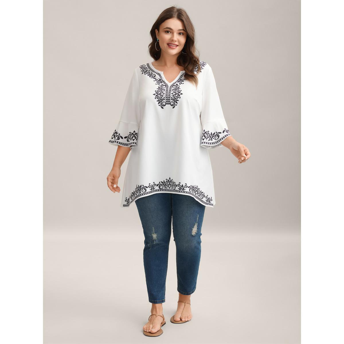Plus Size Originalwhite Boho Print Split Neck Relaxed Fit Blouse Women Resort Elbow-length sleeve Notched collar Vacation Blouses BloomChic 22-24/3X Product Image