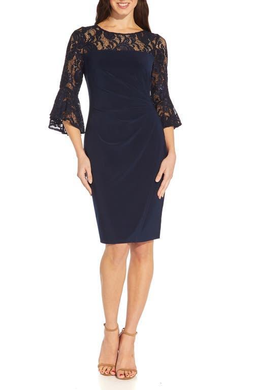 Adrianna Papell Sequin Lace 34 Bell Sleeve Round Illusion Neck Jersey Side Draped Sheath Dress Product Image