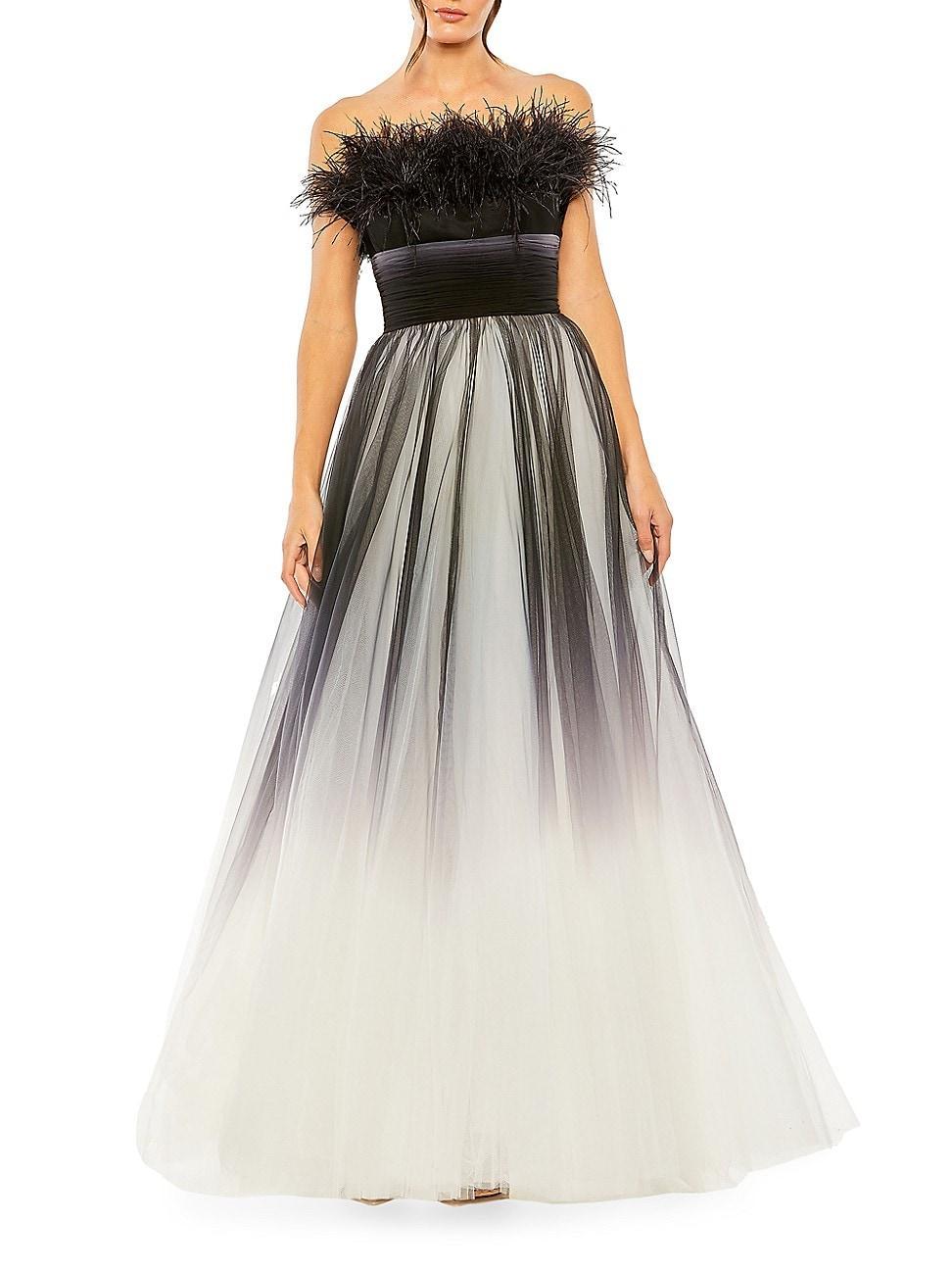 Womens Strapless Feather & Tulle Gown Product Image