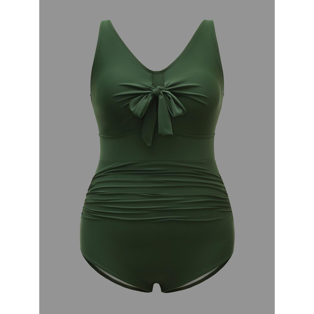 Plus Size Adjustable Bust-Tie Gathered One-Piece Swimsuit Women's Swimwear ArmyGreen Beach Tie knot Curve Bathing Suits High stretch One Pieces BloomChic 18-20/2X Product Image
