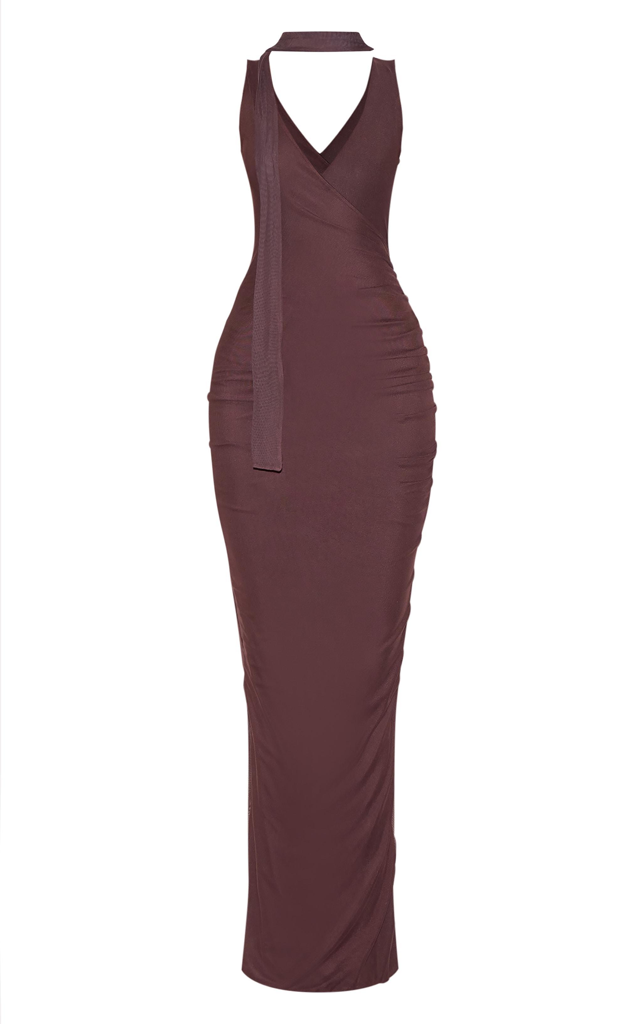 Chocolate Mesh V Neck Wrap Maxi Dress Product Image