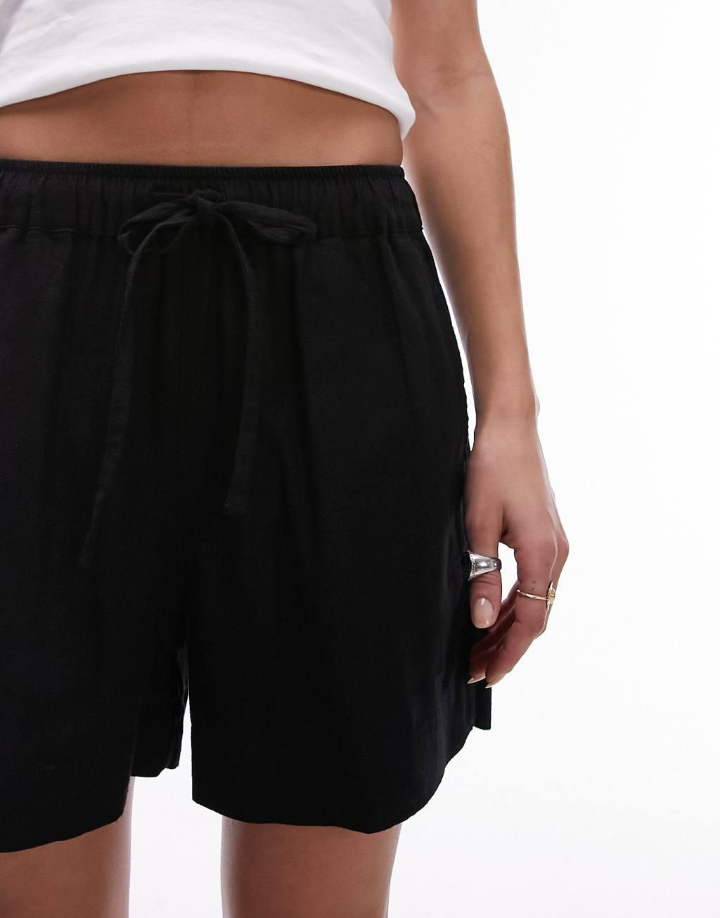 Topshop plain linen drawstring shorts in black Product Image