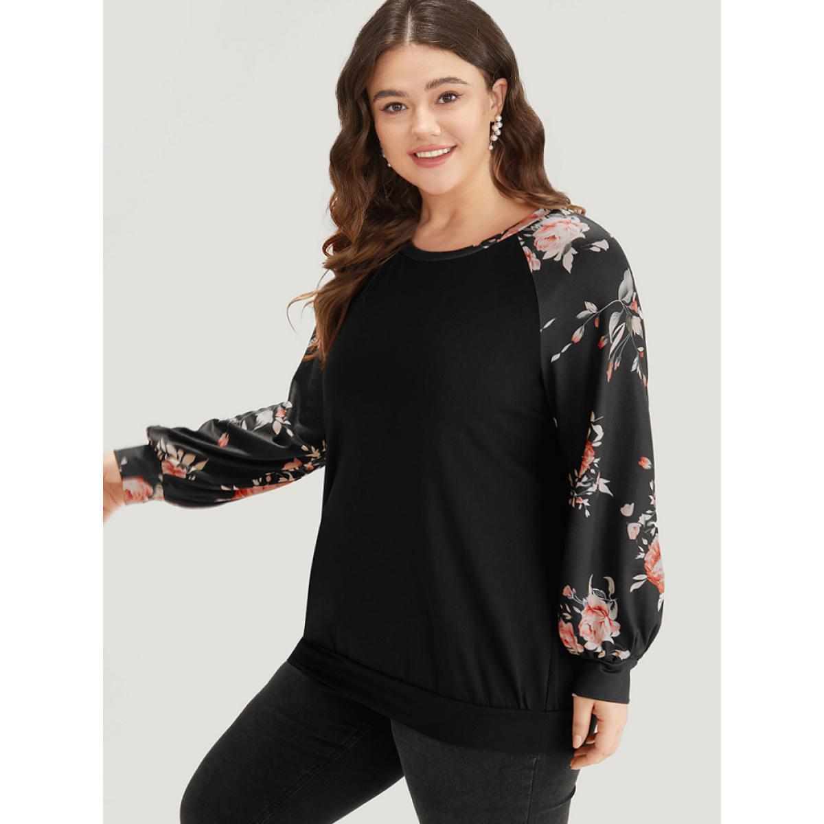 Plus Size Floral Print Raglan Sleeve Patchwork Sweatshirt Women Black Elegant Printed Round Neck Everyday Sweatshirts BloomChic 22-24/3X Product Image