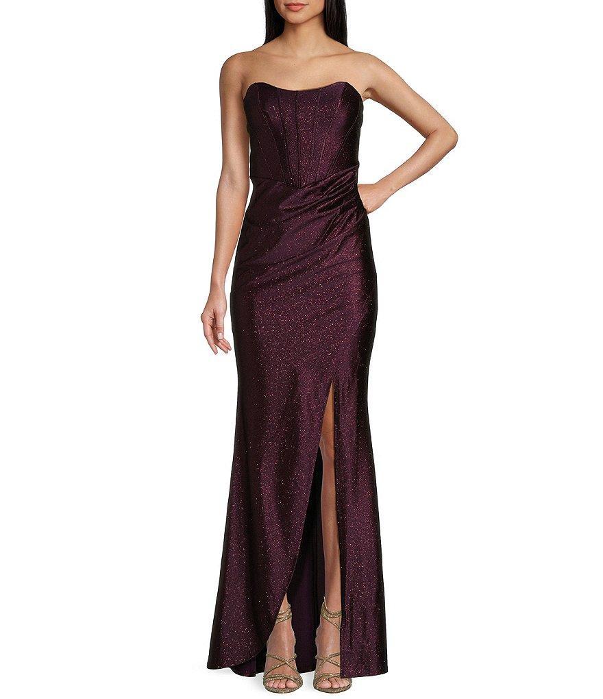 Honey and Rosie Glitter Knit Corset Bodice Front Slit Gown Product Image