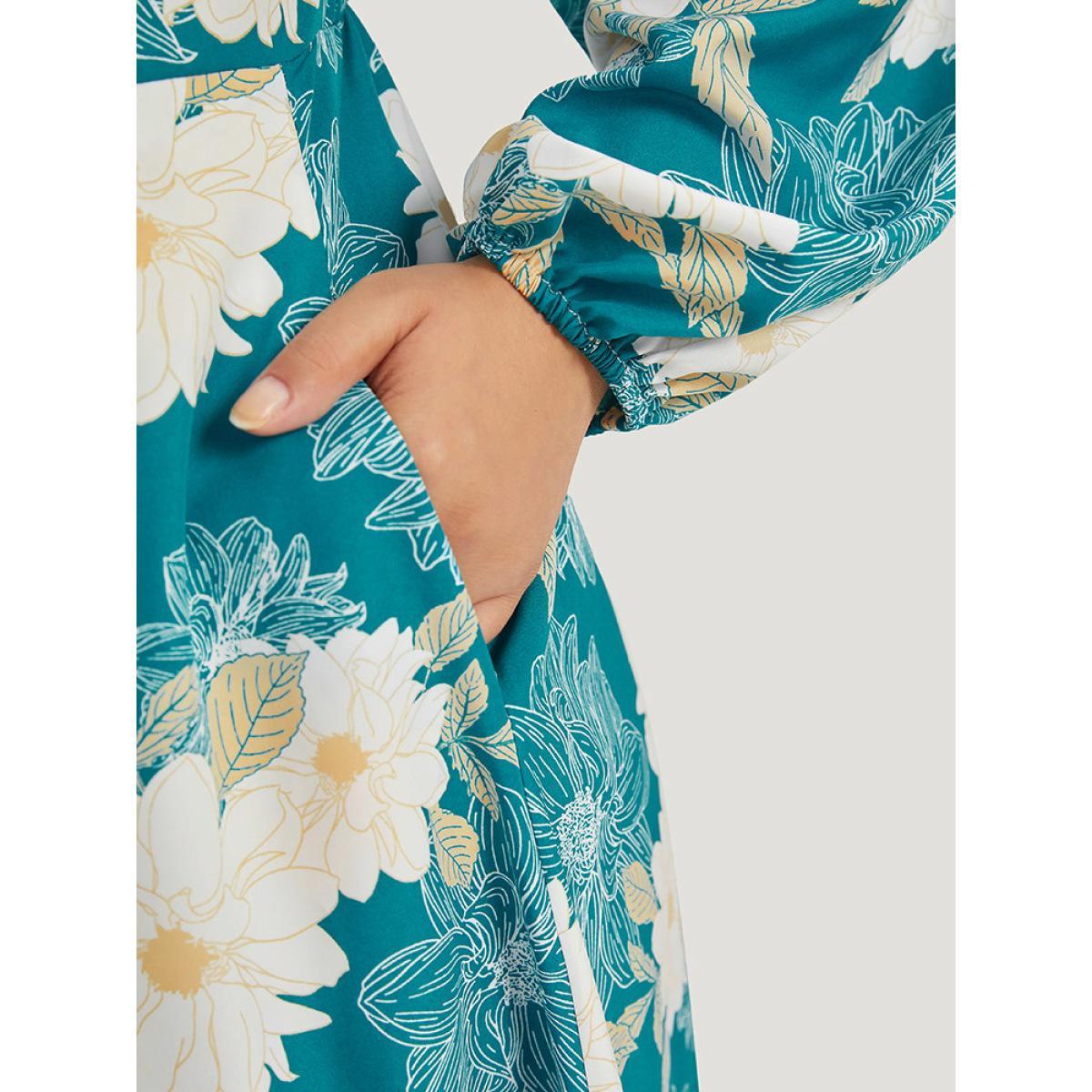 Plus Size Floral Print Wrap Tassel Trim Lantern Sleeve Dress Cerulean Women Elegant Elastic cuffs V-neck Long Sleeve Curvy Midi Dress BloomChic 30/6X Product Image