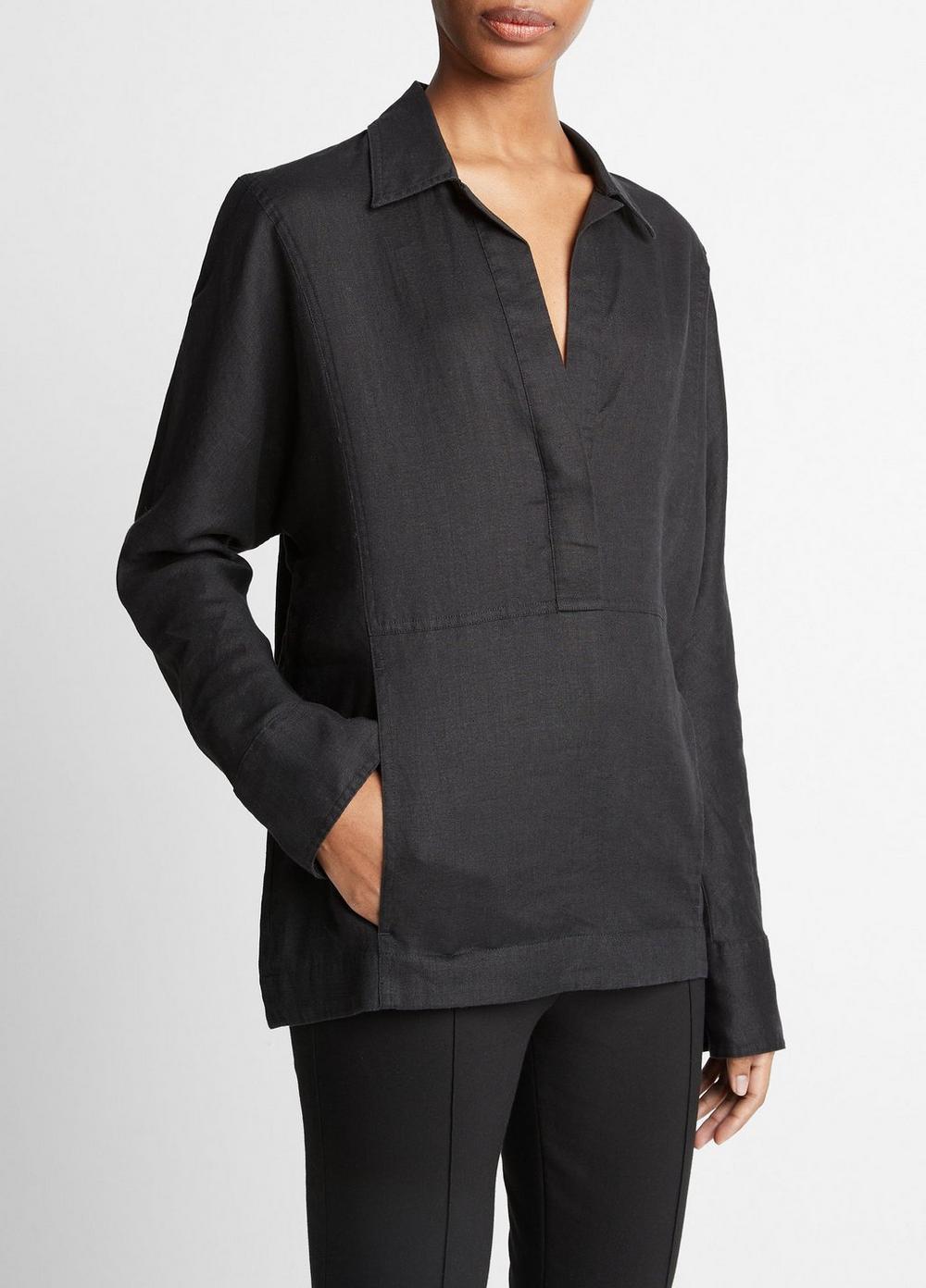 Womens Linen Relaxed Kangaroo-Pocket Pullover Shirt, Black, Size M Vince Product Image