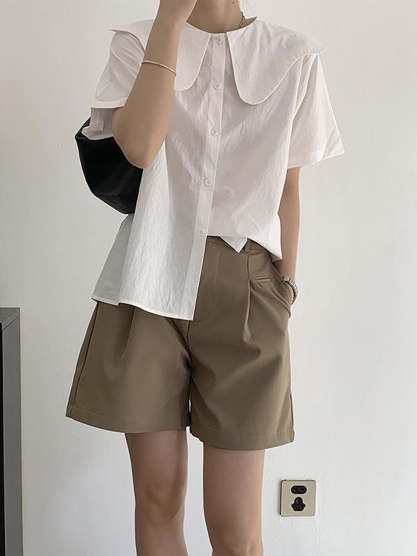 Loose Short Sleeves Solid Color Split-Joint Peter Pan Collar Blouses&Shirts Tops Product Image