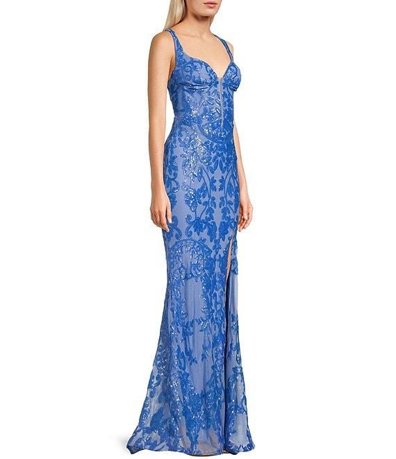 B. Darlin Sequin Pattern V-Neck Inset Corset Bodice Open Back Dress Product Image