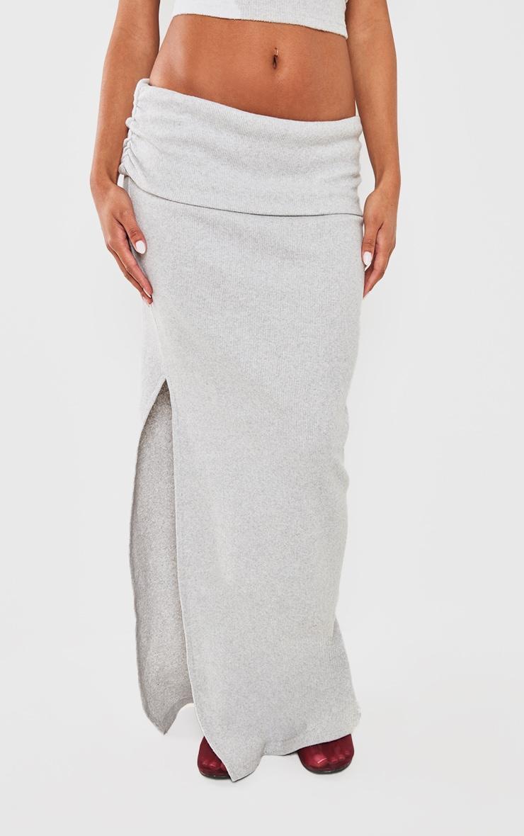 Light Grey Brushed Rib Ruched Detail Foldover Maxi Skirt Product Image