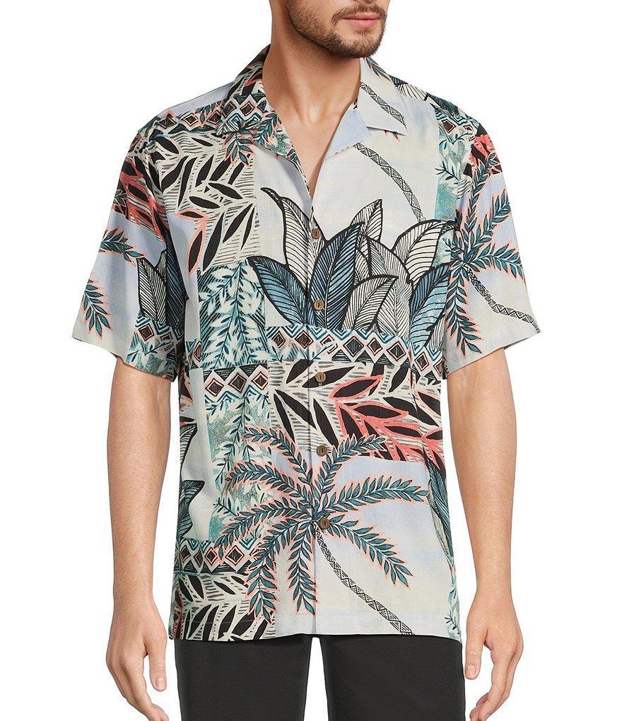 Caribbean Jacquard Patchwork Palm Print Short Sleeve Woven Camp Shirt Product Image