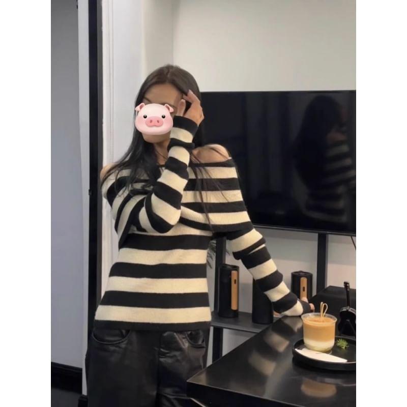 Off-Shoulder Striped Ribbed Sweater Product Image