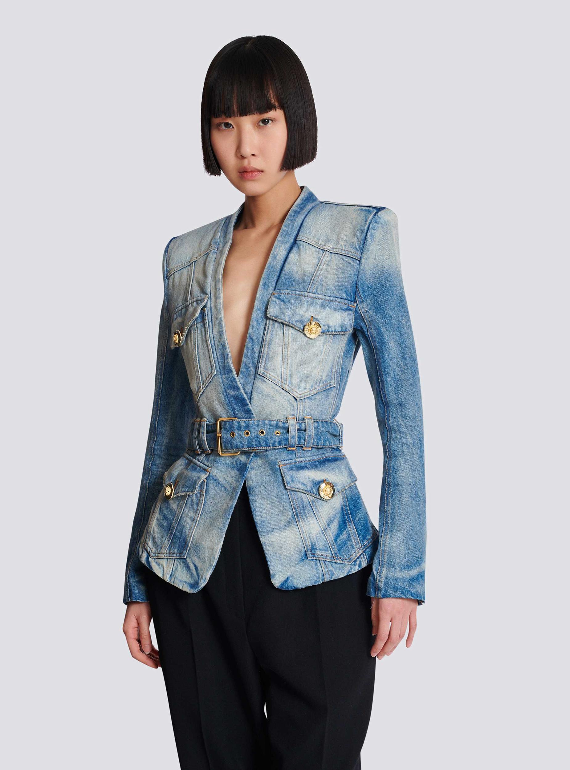 1-button belted denim jacket Product Image