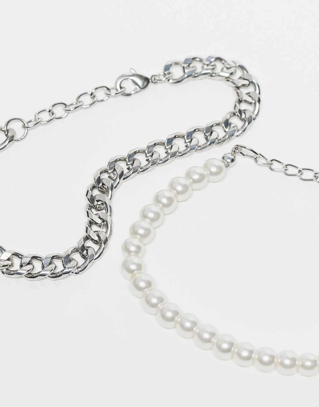 ASOS DESIGN 2 pack bracelet set with chain and 6mm faux pearl in silver tone Product Image