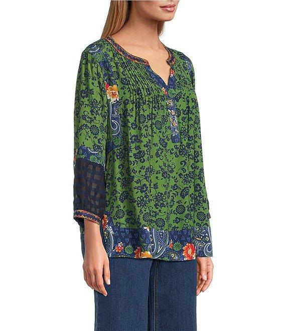 John Mark Embroidered Printed Y-Neck 3/4 Sleeve Pintuck Peasant Tunic Product Image