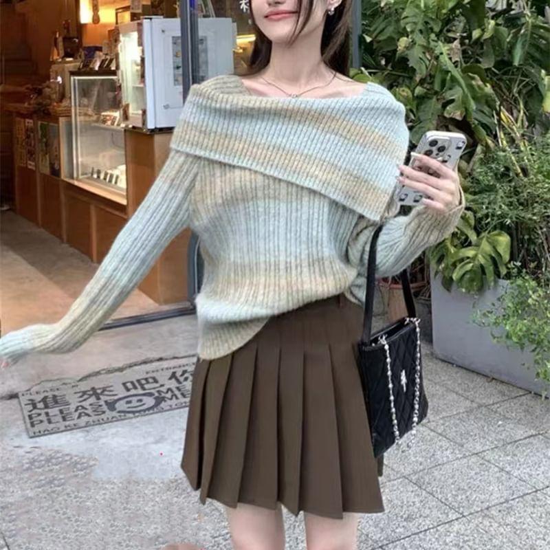 Long-Sleeve Boat Neck Striped Ribbed Knit Top Product Image