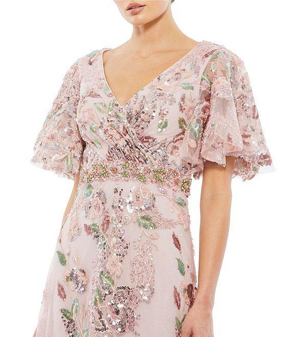Mac Duggal Embellished Mesh Floral Print V Neck Short Sleeve A-Line Gown Product Image
