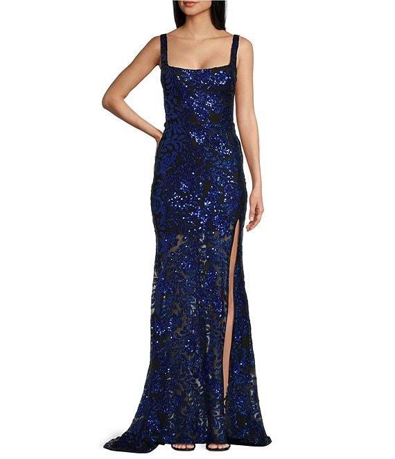 B. Darlin Sequin Sleeveless Wide Strap Square Neck Dress Product Image