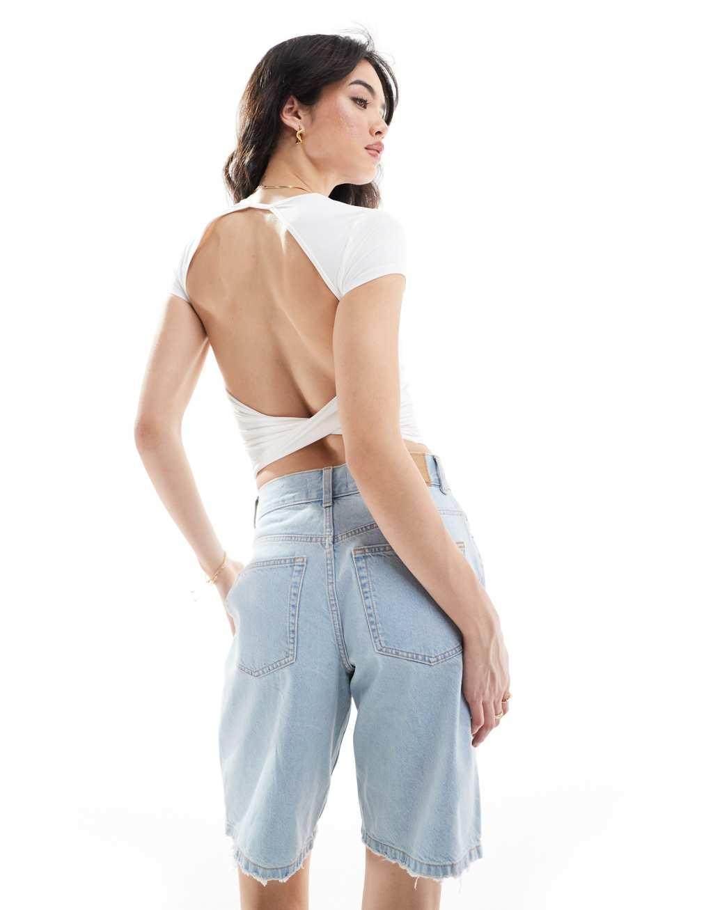 Bershka polyamide open back t-shirt in white Product Image