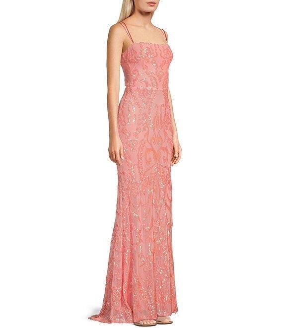 B. Darlin Sequin Patterned Straight Neck Double Spaghetti Strap Lace Up Back Dress Product Image