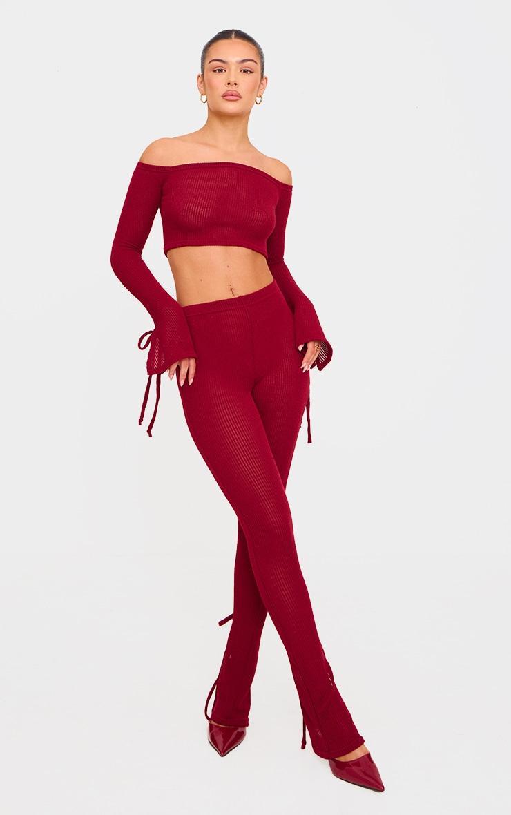 Cherry Red Sheer Soft Rib Bardot Long Sleeve Crop Top Product Image