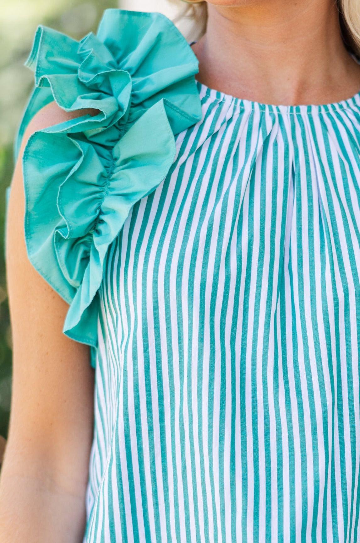 Listen To Your Heart Green Striped Ruffled Blouse Female Product Image