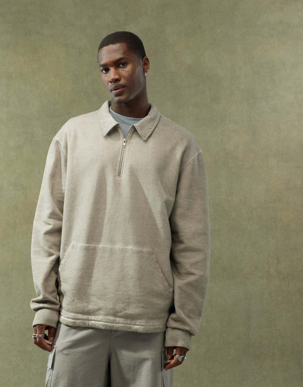 ASOS DESIGN oversized rugby sweatshirt with zip in washed gray  Product Image