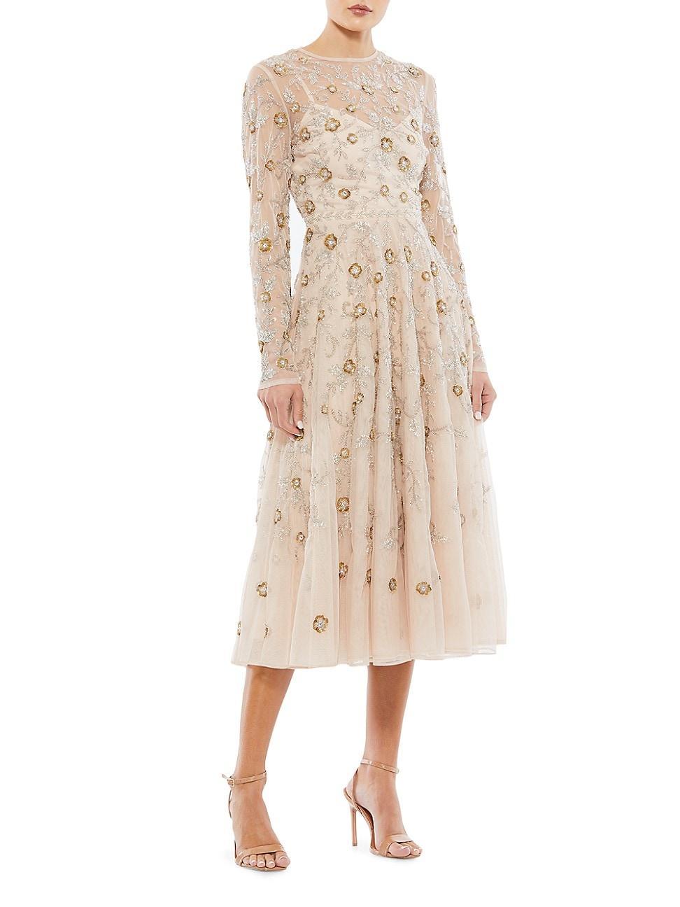 Womens Long-Sleeve Embellished Floral Midi-Dress Product Image