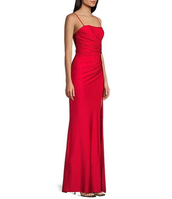 B. Darlin Straight Neck Spaghetti Strap Shirred Bodice Front Slit Dress Product Image