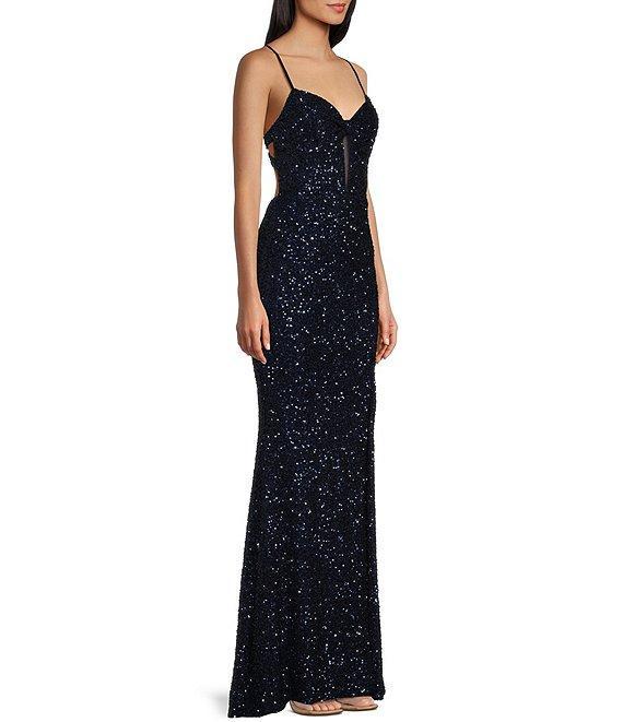B. Darlin Mesh Sequin Spaghetti Strap V-Neck Dress Product Image
