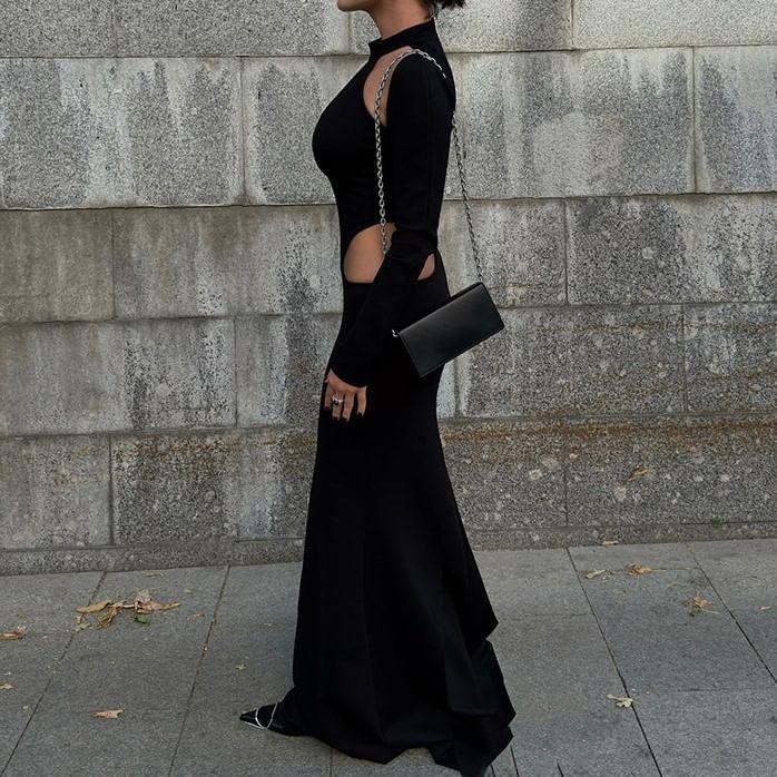 Long-Sleeve Halter-Neck Plain Cutout Maxi Mermaid Dress Product Image