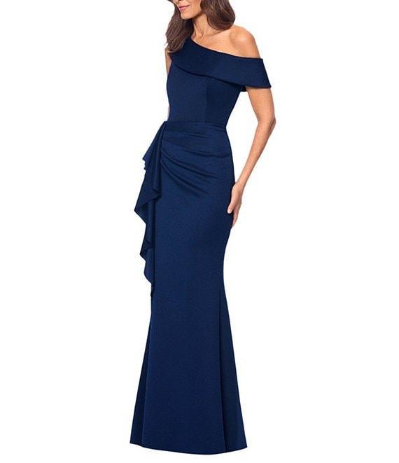 Xscape Scuba One Shoulder Neck Sleeveless Ruched Front Drape Gown Product Image
