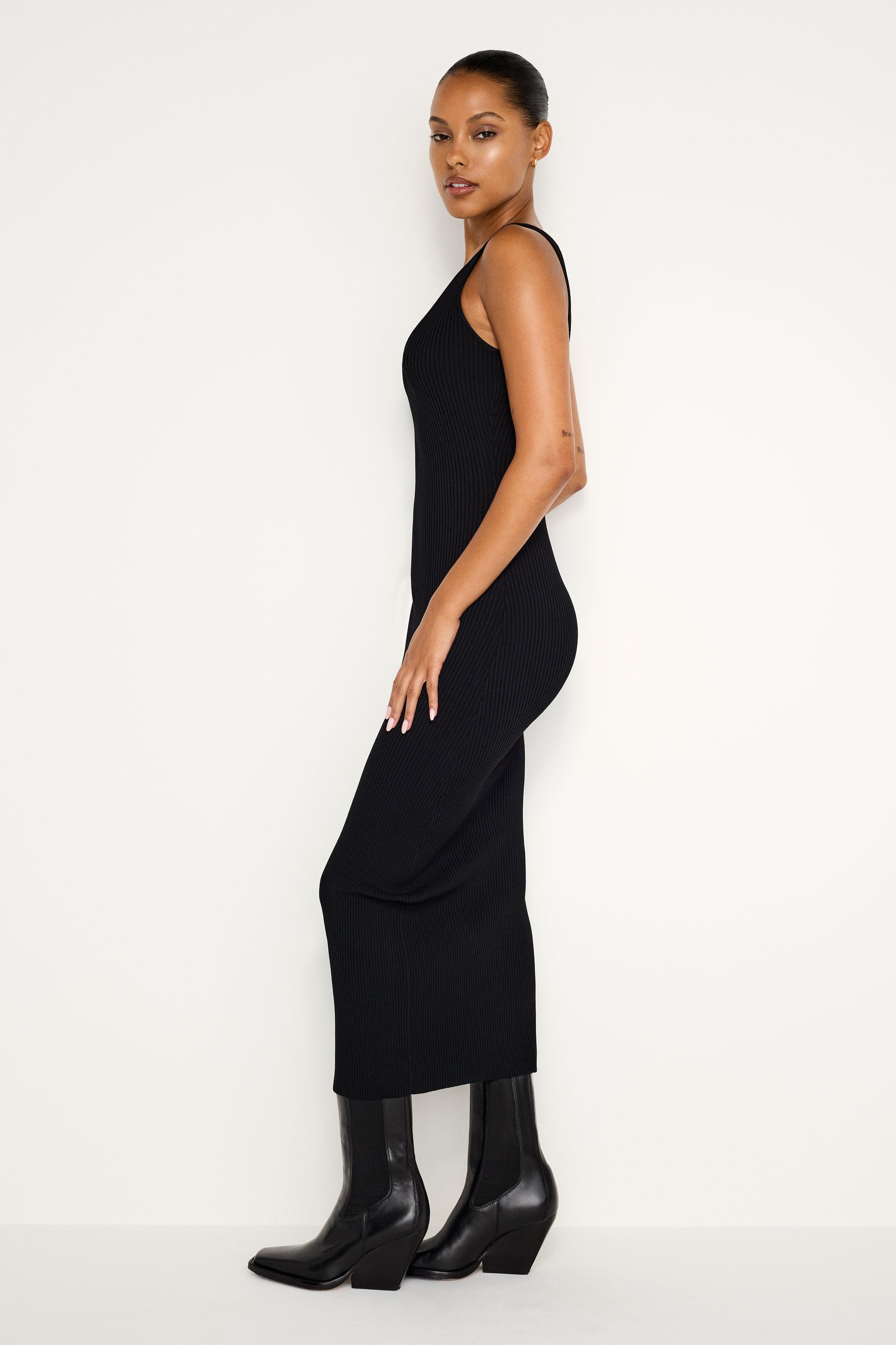 STRETCH RIB KNIT SLEEVELESS MIDI DRESS | BLACK001 Product Image