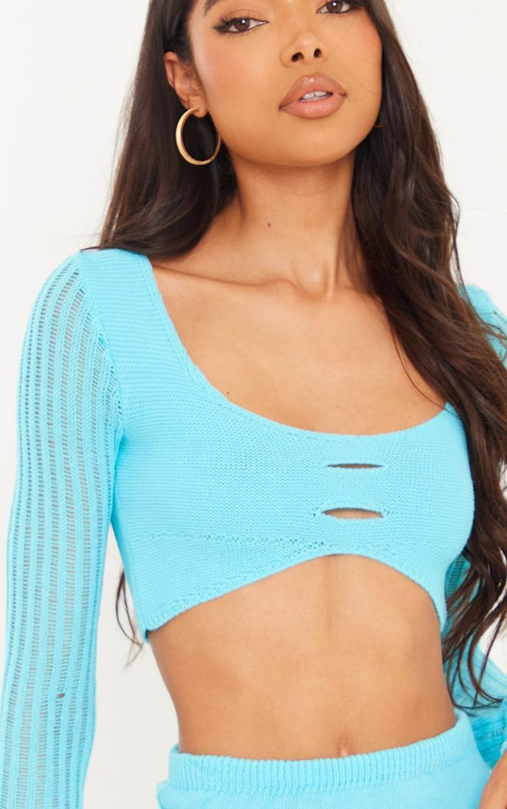 Tall Blue Knitted Long Sleeve Crop Top Product Image