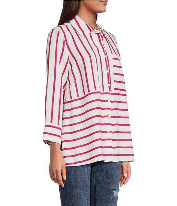 Ali Miles Stripe Point Collar 3/4 Sleeve Button Front Tunic Product Image