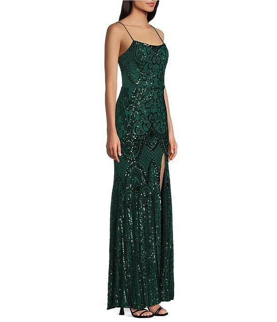 Blondie Nites Patterned Sequin Scoop Neck Sleeveless Tie Back Long Gown Product Image