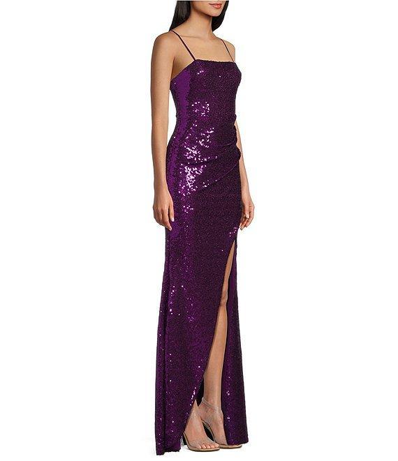 Honey and Rosie Sequin Square Neck Pleated Waist Side Slit Long Gown Product Image