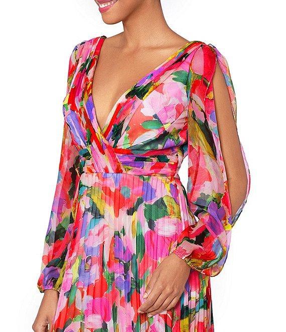 Betsy & Adam Floral V-Neck Long Sleeve Pleated Gown Product Image