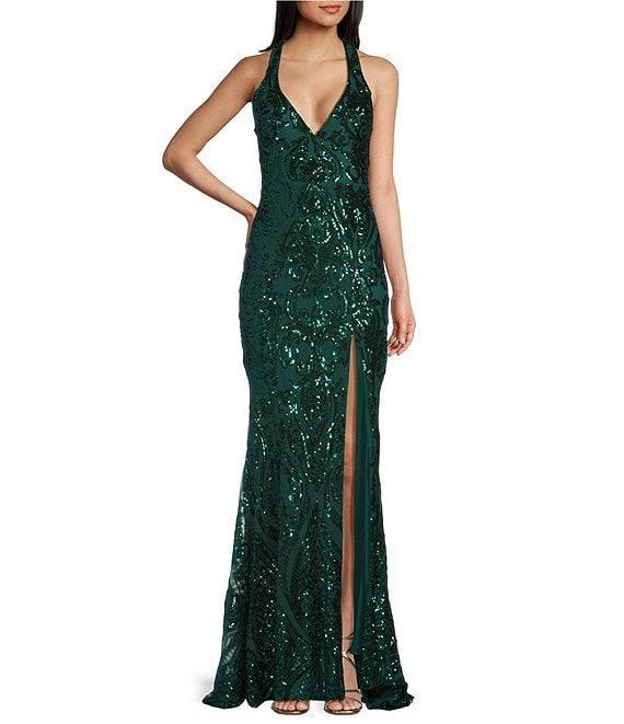 B. Darlin Sequin Pattern V-Neck Wide Strap Lace Up Back Dress Product Image