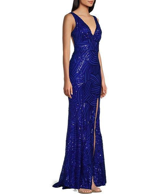 City Vibe V-Neck Sleeveless Sequin Pattern Open Back Side Slit Dress Product Image